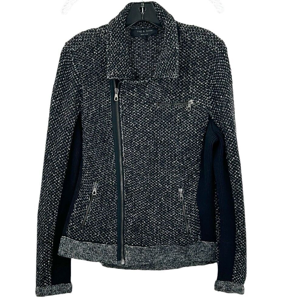 Rag & Bone Black Tweed Knit Asymmetrical Zip Up Jacket Size L - Picture 1 of 16